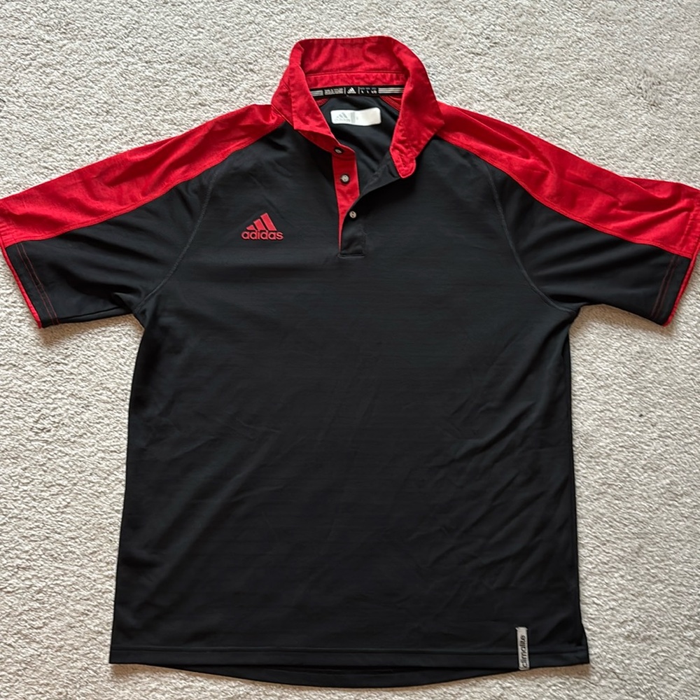 Adidas climalite polo. Black with red accents. Size L. EUC